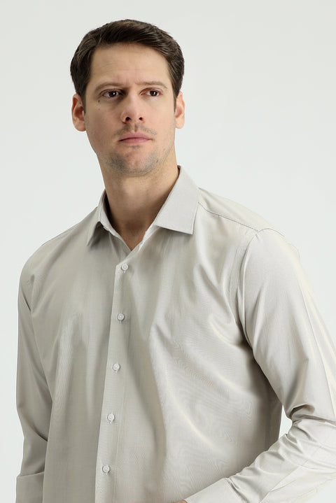 Orta Bej Uzun Kol Slim Fit Dar Kesim Klasik Çizgili Pamuklu Kolay Ütülenebilir Gömlek