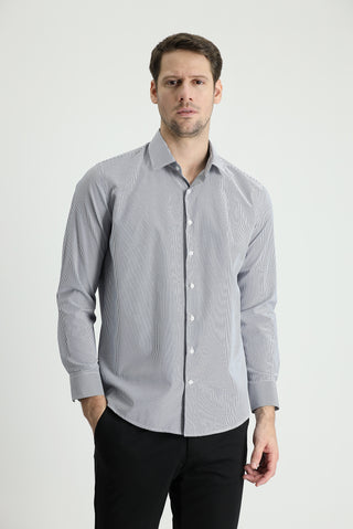  Orta Lacivert Uzun Kol Slim Fit Dar Kesim Çizgili Pamuklu Kolay Ütülenebilir Gömlek