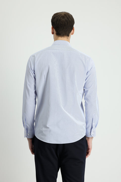 Açık Mavi Uzun Kol Slim Fit Dar Kesim Çizgili Pamuklu Kolay Ütülenebilir Gömlek
