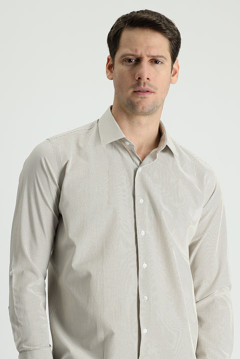 Orta Bej Uzun Kol Slim Fit Dar Kesim Çizgili Pamuklu Kolay Ütülenebilir Gömlek