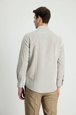  Orta Bej Uzun Kol Slim Fit Dar Kesim Çizgili Pamuklu Kolay Ütülenebilir Gömlek