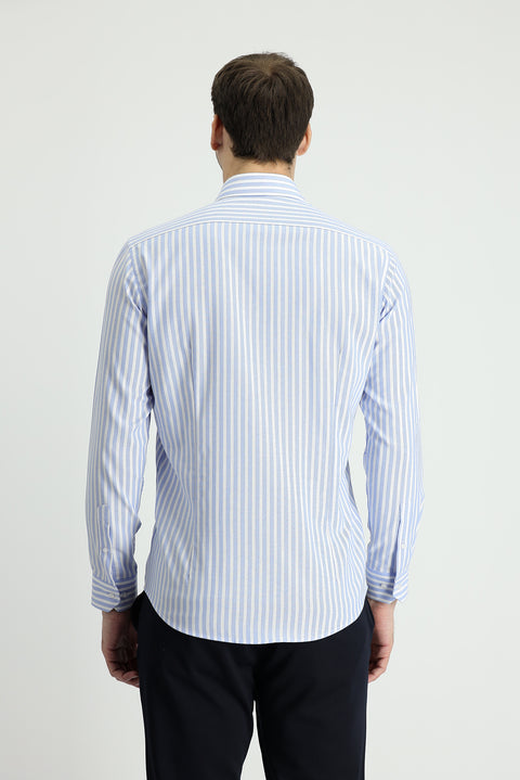 Koyu Mavi  Uzun Kol Slim Fit Dar Kesim Çizgili Pamuklu Kolay Ütülenebilir Gömlek