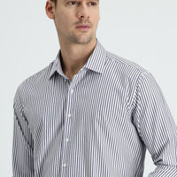 Koyu Lacivert Uzun Kol Slim Fit Dar Kesim Çizgili Pamuklu Gömlek