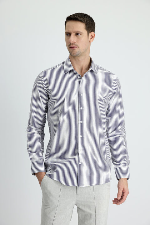 Koyu Lacivert Uzun Kol Slim Fit Dar Kesim Çizgili Pamuklu Gömlek
