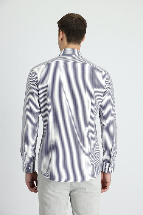 Koyu Lacivert Uzun Kol Slim Fit Dar Kesim Çizgili Pamuklu Gömlek
