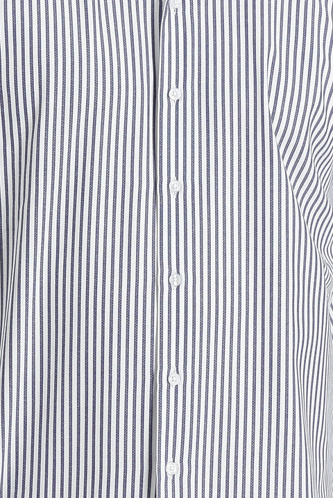 Koyu Lacivert Uzun Kol Slim Fit Dar Kesim Çizgili Pamuklu Gömlek