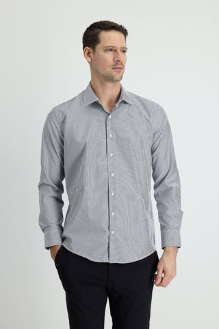  Orta Lacivert Uzun Kol Slim Fit Dar Kesim Çizgili Pamuklu Kolay Ütülenebilir Gömlek