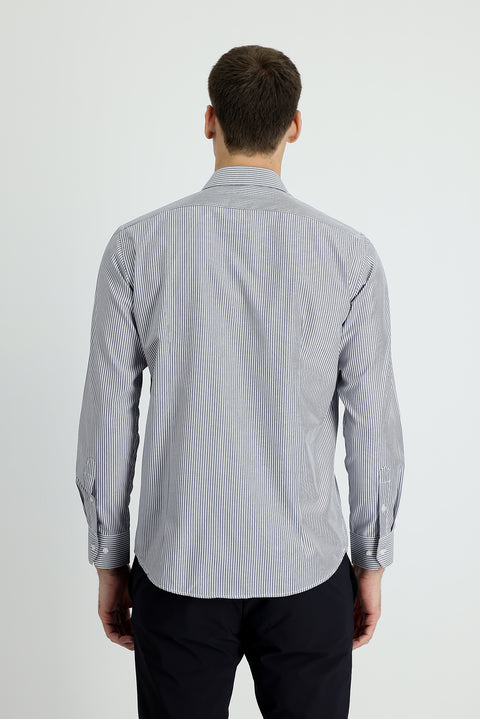 Orta Lacivert Uzun Kol Slim Fit Dar Kesim Çizgili Pamuklu Kolay Ütülenebilir Gömlek