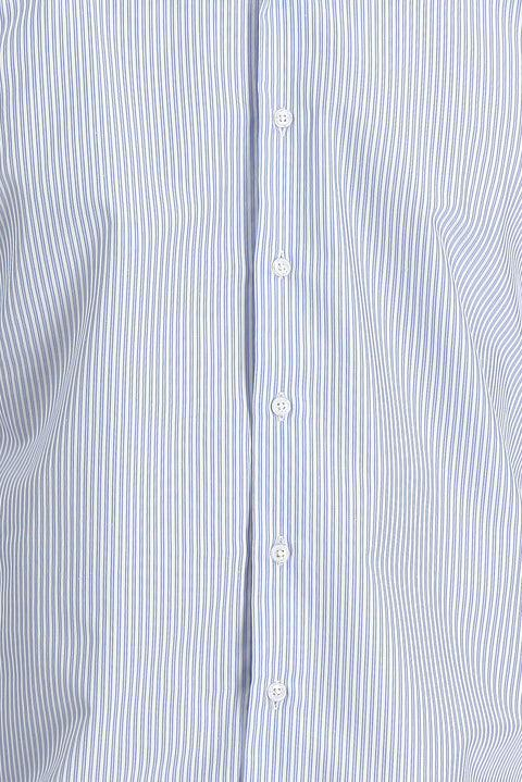 Açık Mavi Uzun Kol Slim Fit Dar Kesim Çizgili Pamuklu Kolay Ütülenebilir Gömlek