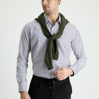 Orta Haki Uzun Kol Slim Fit Dar Kesim Çizgili Gömlek