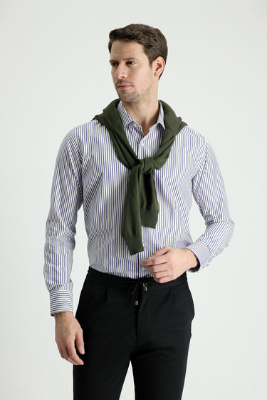 Orta Haki Uzun Kol Slim Fit Dar Kesim Çizgili Gömlek