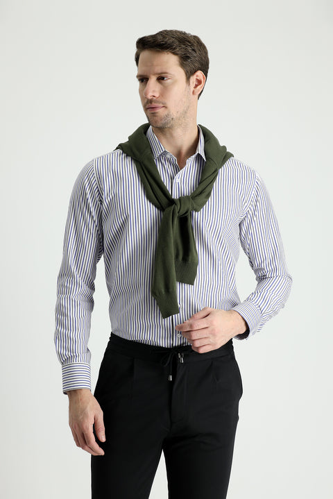 Orta Haki Uzun Kol Slim Fit Dar Kesim Çizgili Gömlek