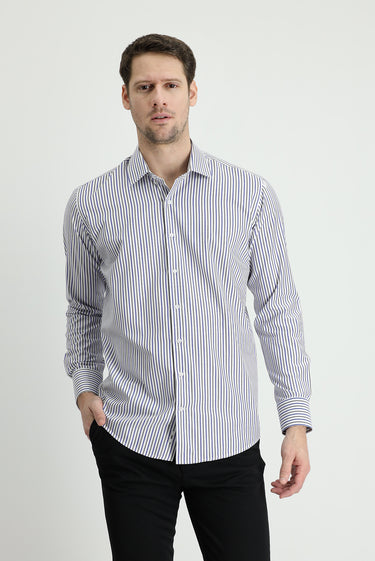 Orta Haki Uzun Kol Slim Fit Dar Kesim Çizgili Gömlek