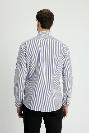 Orta Haki Uzun Kol Slim Fit Dar Kesim Çizgili Gömlek