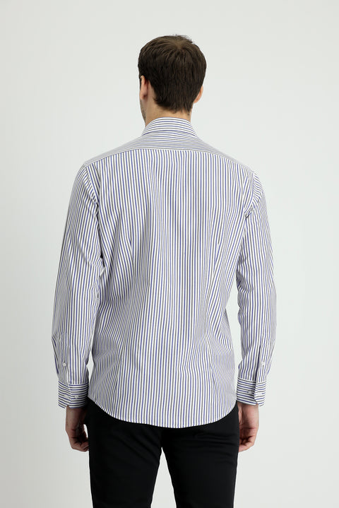 Orta Haki Uzun Kol Slim Fit Dar Kesim Çizgili Gömlek
