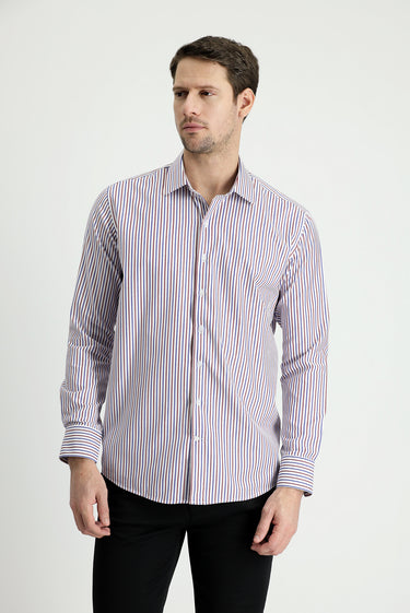  Koyu Bordo Uzun Kol Slim Fit Dar Kesim Çizgili Pamuklu Gömlek