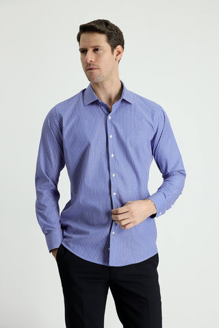  Koyu Mavi  Uzun Kol Slim Fit Dar Kesim Çizgili Gömlek