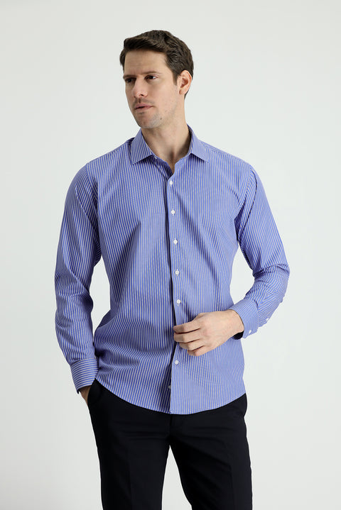 Koyu Mavi  Uzun Kol Slim Fit Dar Kesim Çizgili Gömlek