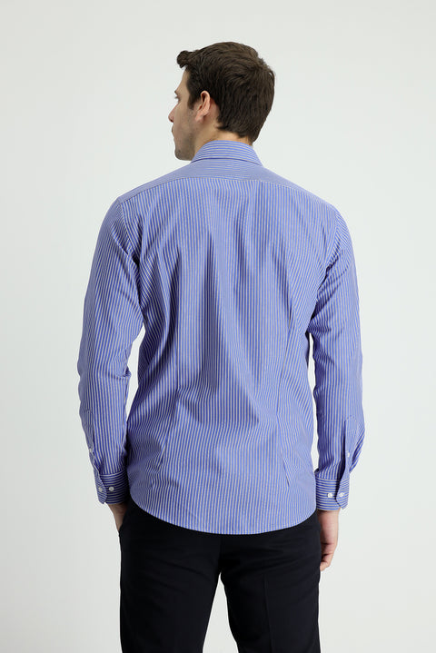 Koyu Mavi  Uzun Kol Slim Fit Dar Kesim Çizgili Gömlek