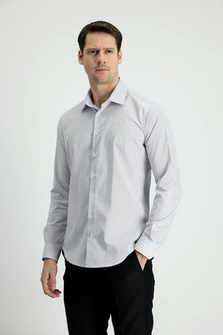  Orta Gri Uzun Kol Slim Fit Dar Kesim Çizgili Pamuklu Gömlek