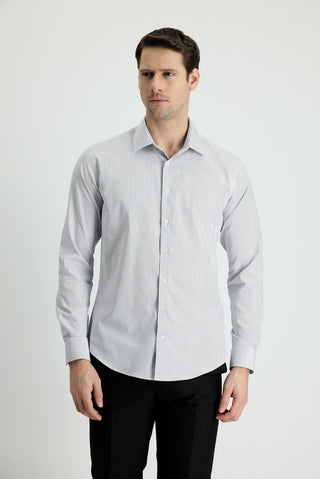  Orta Gri Uzun Kol Slim Fit Dar Kesim Çizgili Pamuklu Gömlek