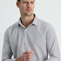 Koyu Lacivert Uzun Kol Slim Fit Dar Kesim Çizgili Pamuklu Gömlek