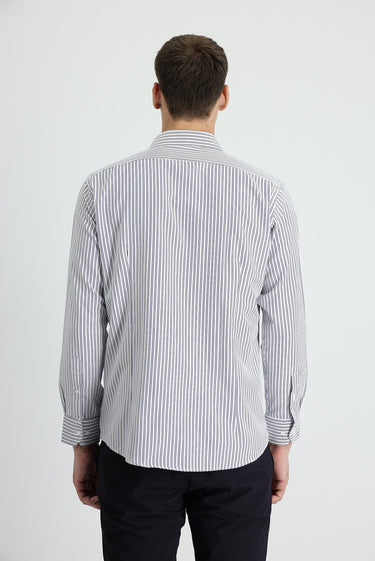  Koyu Lacivert Uzun Kol Slim Fit Dar Kesim Çizgili Pamuklu Gömlek