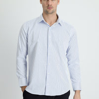 Açık Mavi Uzun Kol Slim Fit Dar Kesim Çizgili Pamuklu Gömlek