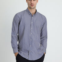 Koyu Lacivert Uzun Kol Slim Fit Dar Kesim Çizgili Spor Gömlek