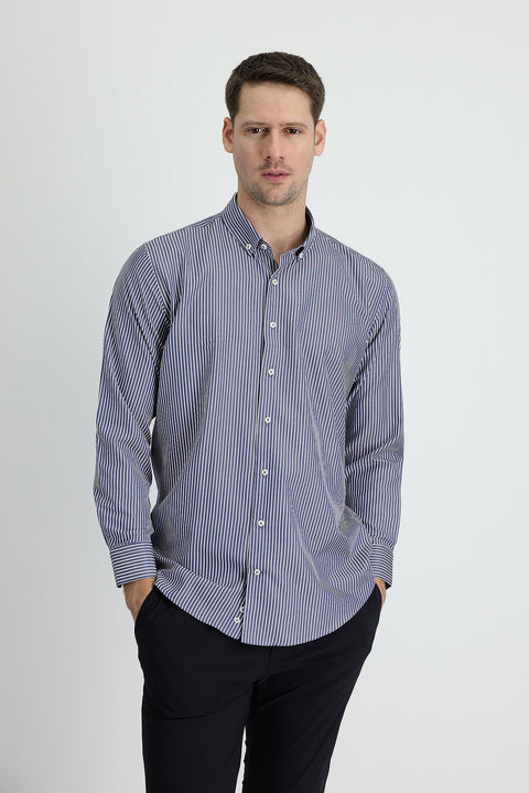 Koyu Lacivert Uzun Kol Slim Fit Dar Kesim Çizgili Spor Gömlek