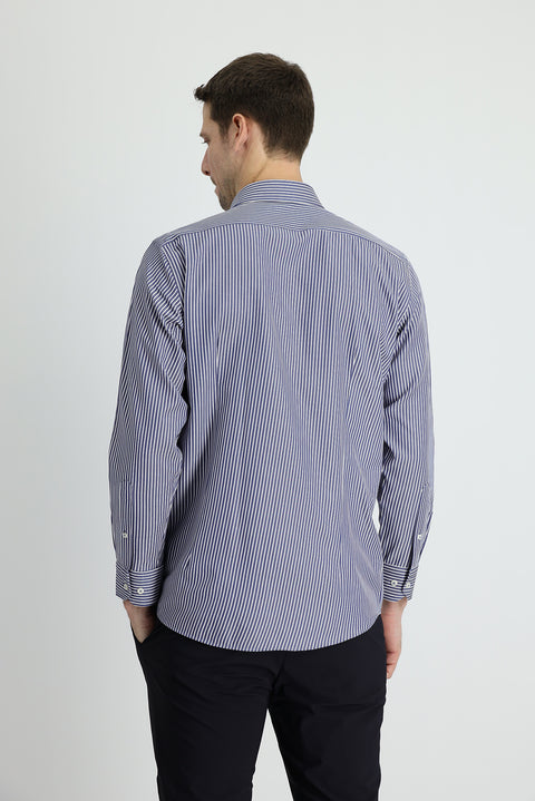 Koyu Lacivert Uzun Kol Slim Fit Dar Kesim Çizgili Spor Gömlek