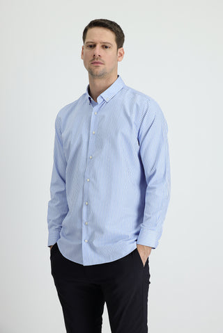  Açık Mavi Uzun Kol Slim Fit Dar Kesim Çizgili Spor Gömlek