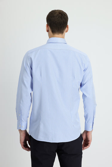 Açık Mavi Uzun Kol Slim Fit Dar Kesim Çizgili Spor Gömlek