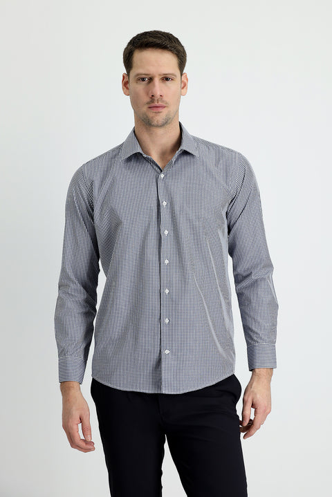 Koyu Lacivert Uzun Kol Slim Fit Dar Kesim Ekose Pamuklu Kolay Ütülenebilir Gömlek