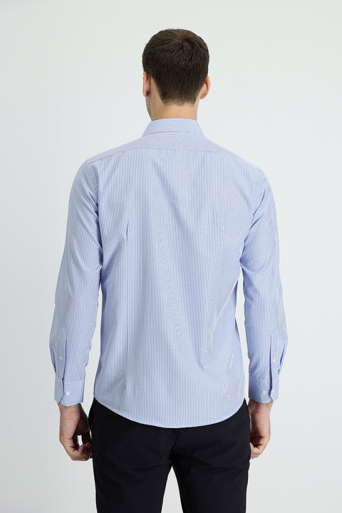Mavi Uzun Kol Slim Fit Dar Kesim Ekose Pamuklu Kolay Ütülenebilir Gömlek