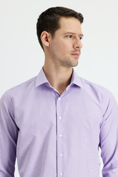 Lila Uzun Kol Slim Fit Dar Kesim Ekose Pamuklu Kolay Ütülenebilir Gömlek