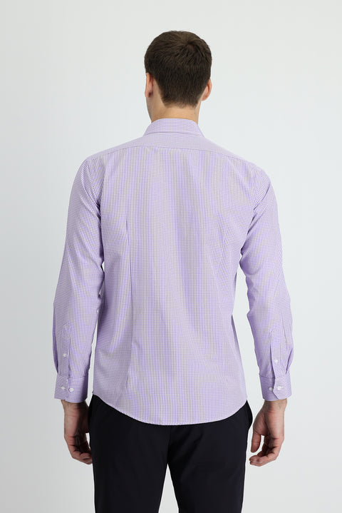 Lila Uzun Kol Slim Fit Dar Kesim Ekose Pamuklu Kolay Ütülenebilir Gömlek