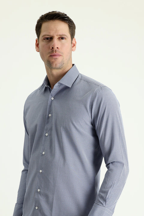 Açık Lacivert Uzun Kol Slim Fit Dar Kesim Desenli Pamuklu Kolay Ütülenebilir Gömlek