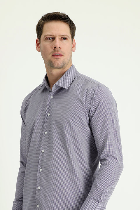 Orta Lacivert Uzun Kol Slim Fit Dar Kesim Desenli Pamuklu Kolay Ütülenebilir Gömlek