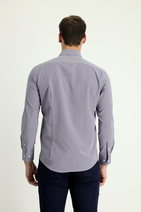 Orta Lacivert Uzun Kol Slim Fit Dar Kesim Desenli Pamuklu Kolay Ütülenebilir Gömlek