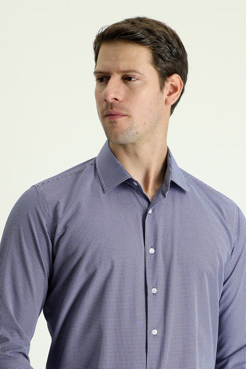 Koyu Lacivert Uzun Kol Slim Fit Dar Kesim Desenli Pamuklu Kolay Ütülenebilir Gömlek