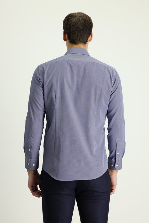 Koyu Lacivert Uzun Kol Slim Fit Dar Kesim Desenli Pamuklu Kolay Ütülenebilir Gömlek