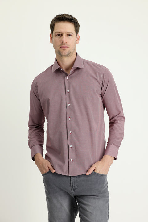 Bordo Uzun Kol Slim Fit Dar Kesim Desenli Pamuklu Kolay Ütülenebilir Gömlek