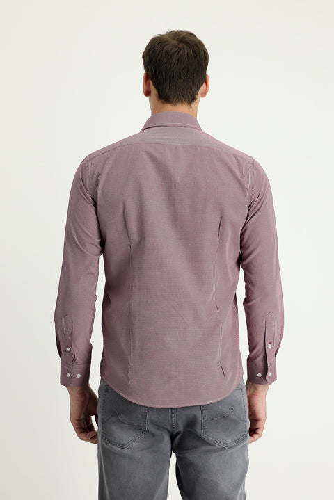 Bordo Uzun Kol Slim Fit Dar Kesim Desenli Pamuklu Kolay Ütülenebilir Gömlek