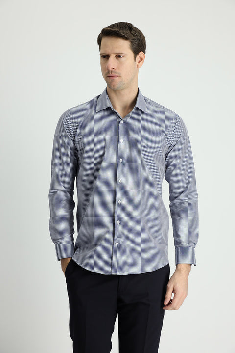Orta Lacivert Uzun Kol Slim Fit Dar Kesim Ekose Pamuklu Gömlek