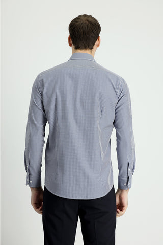  Orta Lacivert Uzun Kol Slim Fit Dar Kesim Ekose Pamuklu Gömlek