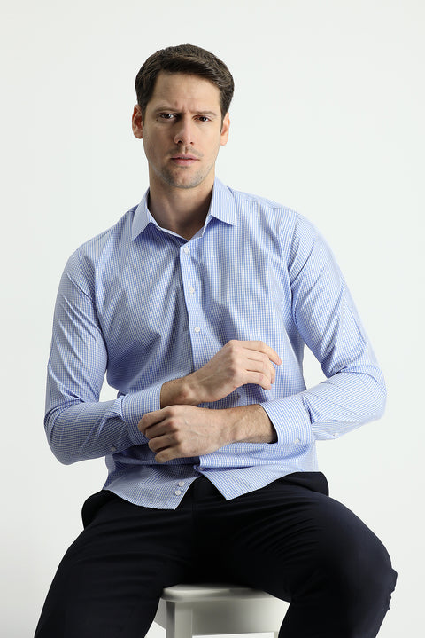 Mavi Uzun Kol Slim Fit Dar Kesim Ekose Pamuklu Gömlek