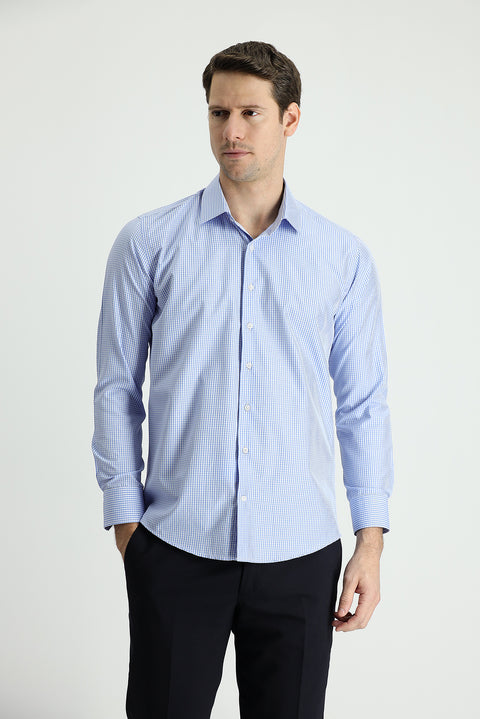 Mavi Uzun Kol Slim Fit Dar Kesim Ekose Pamuklu Gömlek