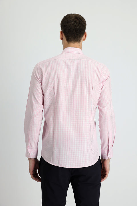 Toz Pembe Uzun Kol Slim Fit Dar Kesim Ekose Pamuklu Gömlek
