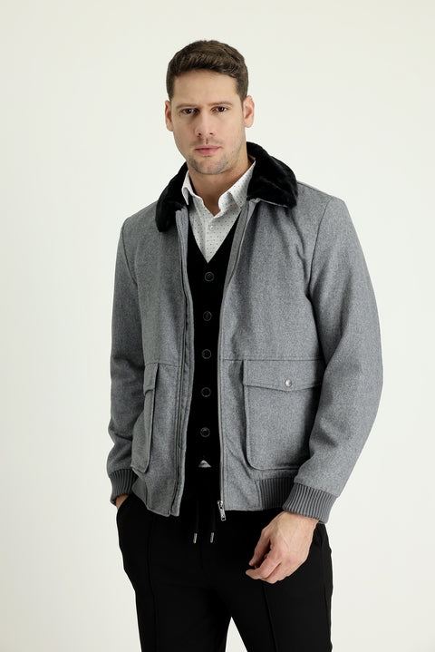 Orta Anrasit Melanj Kürk Yaka Yünlü Mont